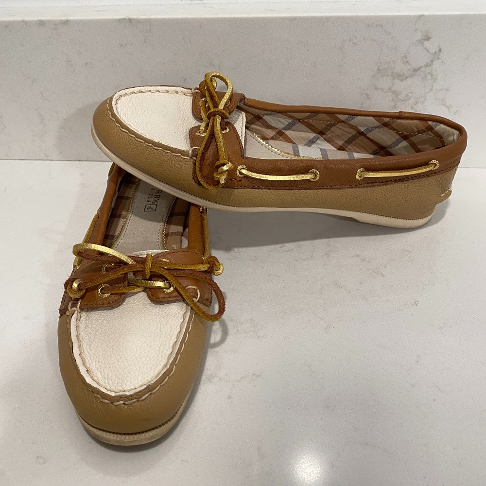 SPERRY Top siders Womens boat shoes Aubrey brown leather gold and white